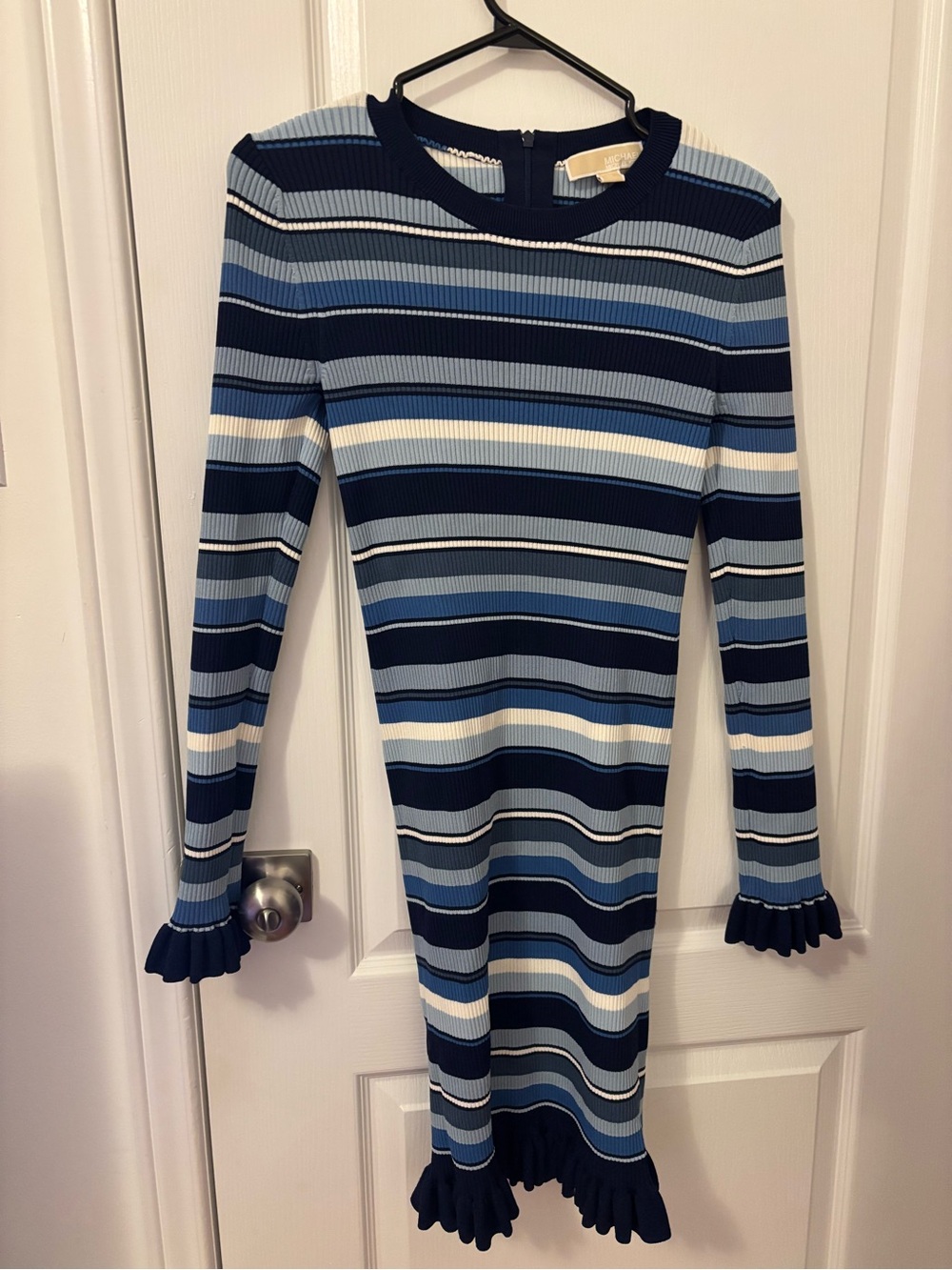 Michael Kors Navy, Light Blue & White Striped Ribbed Knit Dress